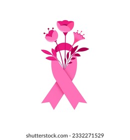 Breast Cancer Awareness Month. Concept design with pink ribbon and flowers. Vector Illustration