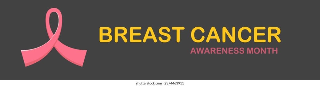 Breast cancer awareness month concept horizontal banner design template with pink ribbon and text isolated on grey background. October is Breast cancer awareness month vector flyer or poster