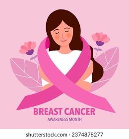 Breast cancer awareness month concept.  Woman hugging herself with pink ribbon in flat design.