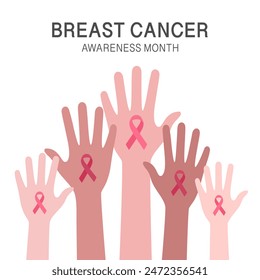 Breast Cancer Awareness Month concept. Hands with pink ribbon logo in flat design.