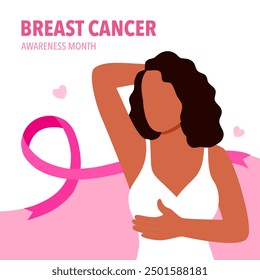 Breast cancer awareness month concept vector illustration. African woman wear white dress with pink ribbon logo in flat design.