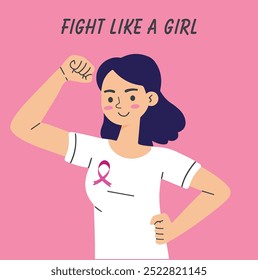 Conceito de mês de conscientização do câncer de mama. Uma mulher usando uma fita rosa enquanto mostra o músculo do braço e o punho levantado. Vitória sobre câncer de mama. Lutar como um texto de menina