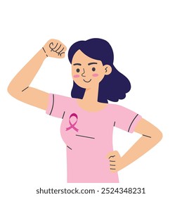 Breast cancer awareness month concept. A woman wearing pink ribbon while showing arm muscle and raised fist. Victory over breast cancer. 