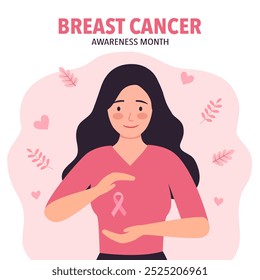 Breast cancer awareness month concept vector illustration. Woman with pink ribbon logo in flat design.