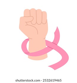 Concepto del mes de concienciación sobre el cáncer de mama. Puño levantado apretado con cinta rosa alrededor de la muñeca. Símbolo de mano y Asistencia. Octubre rosa. Ilustración plana de Vector aislada sobre fondo blanco