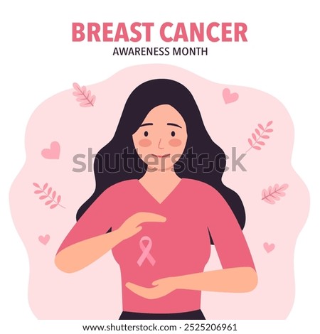 Breast cancer awareness month concept vector illustration. Woman with pink ribbon logo in flat design.