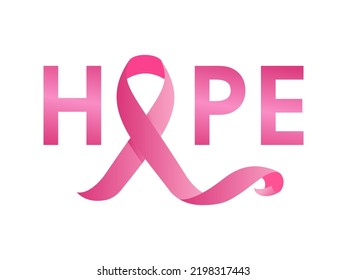 Breast Cancer awareness month. conceptual poster design with typography hope  and pink ribbon isolated on white background