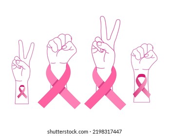 Breast Cancer awareness month. conceptual poster design with hand and pink ribbon isolated on white background