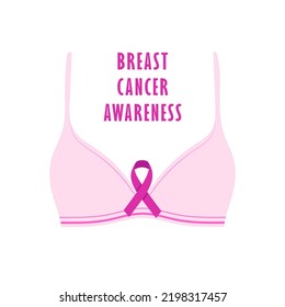 Breast Cancer awareness month. conceptual poster design with bra and pink ribbon isolated on white background