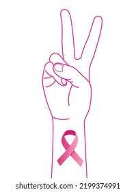 Breast Cancer awareness month. conceptual poster design with hand and pink ribbon isolated on white background