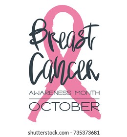 Breast cancer awareness month - conceptual poster. Template with handdrawn messy pink ribbon and handwritten black lettering on white. Vector illustration for support card or banner