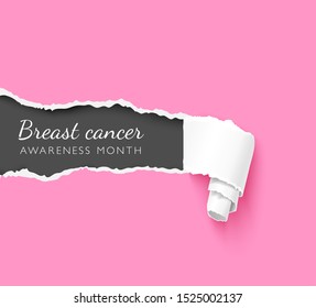 Breast cancer awareness month creative poster vector template. Realistic torn paper with lettering isolated on pink. Rip edge 3d texture. Women oncological disease solidarity social media post layout