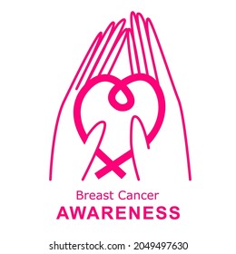 Breast Cancer awareness month. Breast Cancer awareness day. Pink ribbon sign, symbol. Breast cancer October awareness month campaign poster: pink heart ribbon sign and hands silhouette