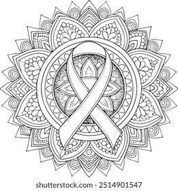 Breast cancer awareness month decorative pink ribbon on decorative mandala background. Anti stress coloring book for adult and. Outline drawing coloring page. Stock line vector illustration.