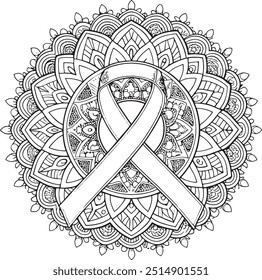 Breast cancer awareness month decorative pink ribbon on decorative mandala background. Anti stress coloring book for adult and. Outline drawing coloring page. Stock line vector illustration.