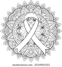 Breast cancer awareness month decorative pink ribbon on decorative mandala background. Anti stress coloring book for adult and. Outline drawing coloring page. Stock line vector illustration.