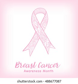 Breast cancer awareness month decorative pink ribbon. Stock line vector illustration.