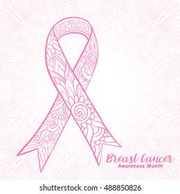 Breast cancer awareness month decorative pink ribbon. Stock line vector illustration.