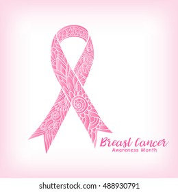Breast cancer awareness month decorative pink ribbon. Stock line vector illustration.