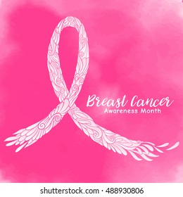 Breast cancer awareness month decorative pink ribbon on watercolor background. Stock line vector illustration.