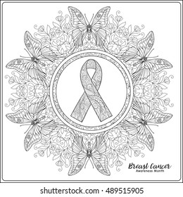 Breast cancer awareness month decorative pink ribbon on decorative mandala background. Anti stress coloring book for adult and. Outline drawing coloring page. Stock line vector illustration.