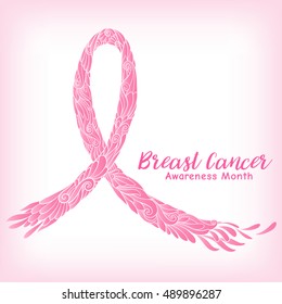 Breast cancer awareness month decorative pink ribbon. Stock line vector illustration.