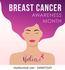 Breast cancer awareness month design with young woman and text. Medical concept of prevention of breast cancer.