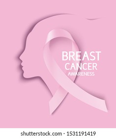 Breast cancer awareness month design template. Pink ribbon with woman silhouette. Vector illustration