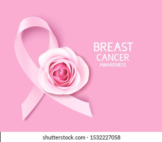 Breast cancer awareness month design template. Pink ribbon with rose. Vector illustration
