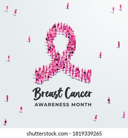 Breast cancer awareness month design or concept. Pink ribbon made of people crowd. Vector illustration.