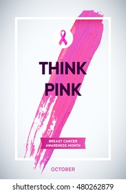 Breast Cancer Awareness Month Design. Pink Brush Stroke Poster. Creative Pink Brush Stroke and Silk Ribbon Symbol. October Awareness Month Banner. Medical Design Elements with Grunge Texture