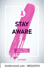 Breast Cancer Awareness Month Design. Pink Brush Stroke Poster. Creative Pink Brush Stroke and Silk Ribbon Symbol. October Awareness Month Banner. Medical Design Elements with Grunge Texture