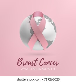 Breast Cancer Awareness Month Design. Background With Pink Ribbon And Monochrome Earth Icon. Template For Poster Or Brochure. Vector Illustration.