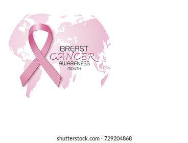 Breast cancer awareness month design of pink ribbon and world on white background