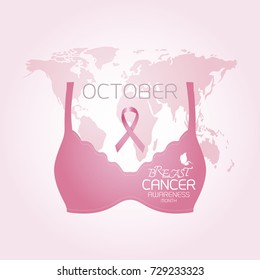 Breast cancer awareness month design of pink ribbon and underwear with world map