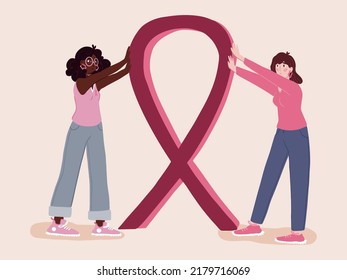 Breast cancer awareness month  different ethnic women group holding a pink ribbon, with pink support ribbon concept, cartoon character for disease prevention campaign, flat vector illustration