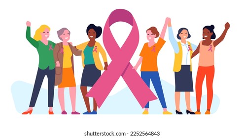 Breast cancer awareness month. Different ethnic groups of women along with pink support ribbon symbol. Bust disease. Female solidarity. Prevention campaign. Medical help