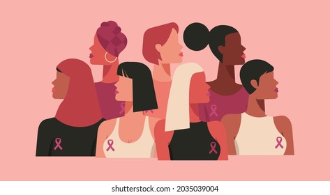 breast cancer awareness month for disease prevention campaign and diverse ethnic women group together with pink support ribbon symbol on chest concept, flat vector illustration