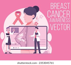 Breast cancer awareness month for disease prevention campaign and women's group of various ethnicities together with pink support ribbon symbol on chest concept, flat vector illustration, and icon set