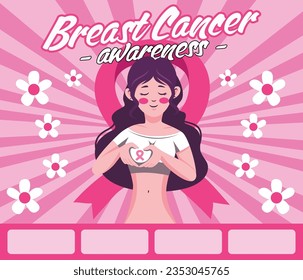 Breast cancer awareness month for disease prevention campaign and women's group of various ethnicities together with pink support ribbon symbol on chest concept, flat vector illustration, and icon set