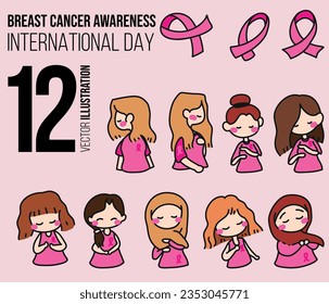 Breast cancer awareness month for disease prevention campaign and women's group of various ethnicities together with pink support ribbon symbol on chest concept, flat vector illustration, and icon set