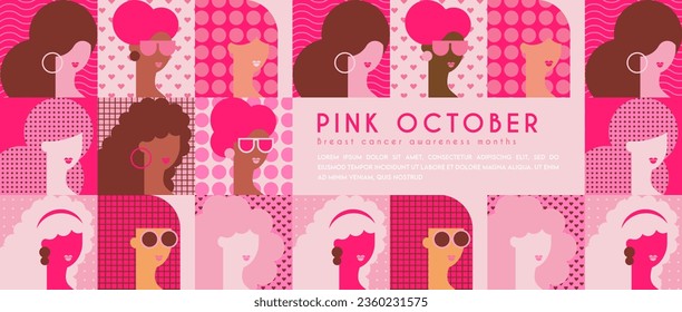 breast cancer awareness month for disease prevention campaign and diverse ethnic women group together with pink support ribbon symbol on chest concept, flat vector illustration banner