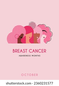 breast cancer awareness month for disease prevention campaign and diverse ethnic women group together with pink support ribbon symbol on chest concept, flat vector illustration