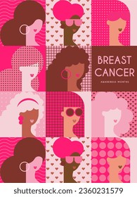 mes de sensibilización sobre el cáncer de mama para la campaña de prevención de enfermedades y grupos de mujeres de diversas etnias junto con el símbolo de cinta de apoyo rosa en el concepto de pecho, ilustración de vector plana