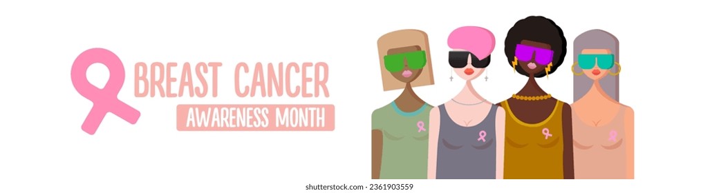 Breast cancer awareness month for disease prevention campaign and diverse ethnic women group together with pink breast awareness ribbon vector flat concept illustration. October awareness month