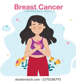 breast cancer awareness month for disease prevention campaign and diverse ethnic women with pink support ribbon symbol on chest concept, flat vector illustration