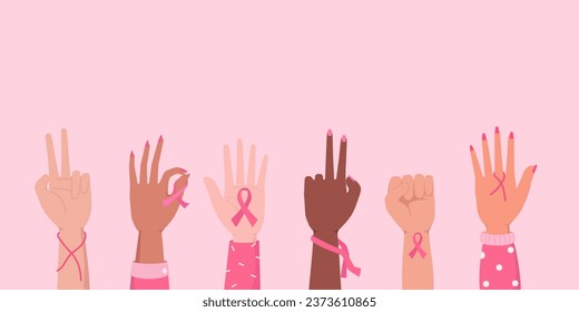 breast cancer awareness month for disease prevention campaign and diverse ethnic women group together with pink support ribbon symbol on chest concept, vector illustration.