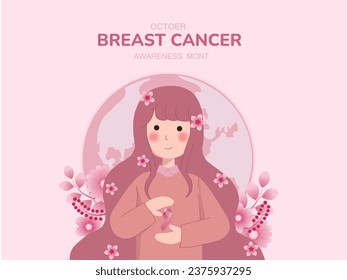 breast cancer awareness month for disease prevention campaign and woman with pink support ribbon symbol on chest concept, vector illustration