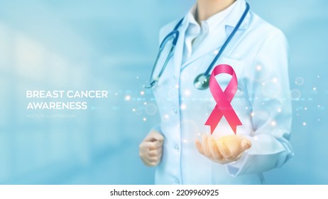 Breast Cancer Awareness Month. Doctor holding in hand the pink ribbon breast cancer awareness symbol. Healthcare, International Women day and World cancer day medical concept. Vector illustration.