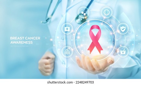 Breast Cancer Awareness Month. Doctor holding in hand the pink ribbon breast cancer awareness symbol. Healthcare, International Women day and World cancer day medical concept. Vector illustration.